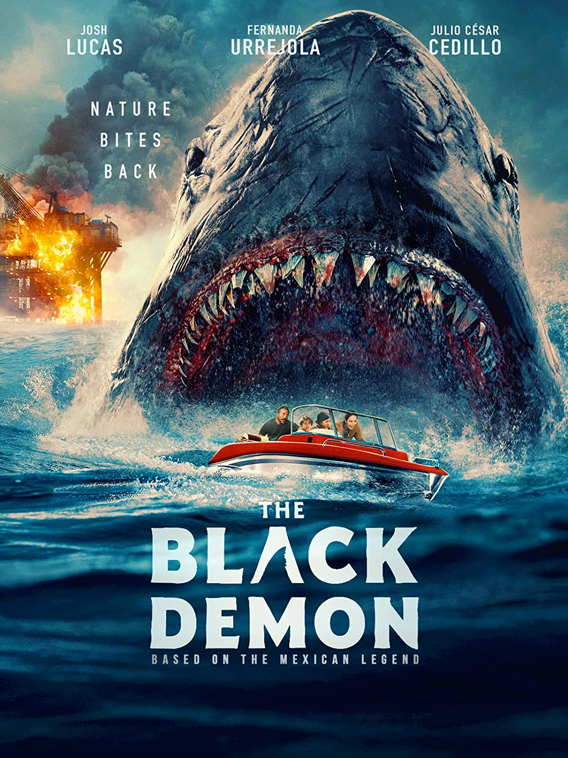 "The Black Demon" Blu-ray cover featuring a giant shark attacking a red boat.