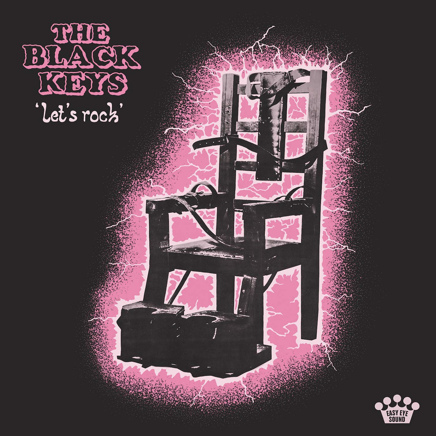 "Album cover featuring an electric chair surrounded by pink lightning on a black background."
