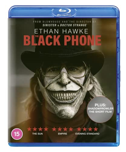 Blu-ray cover for "The Black Phone" featuring Ethan Hawke in frightening mask.