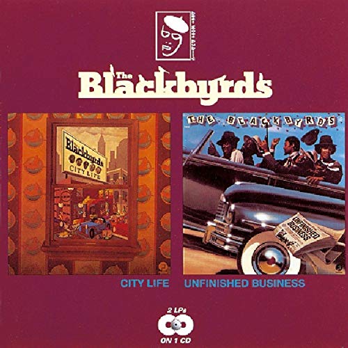 "Album cover featuring 'The Blackbyrds' with two vintage-themed images on a red background."