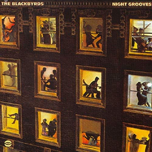 The Blackbyrds' "Night Grooves" CD cover features silhouettes in gold-framed windows on a dark background.