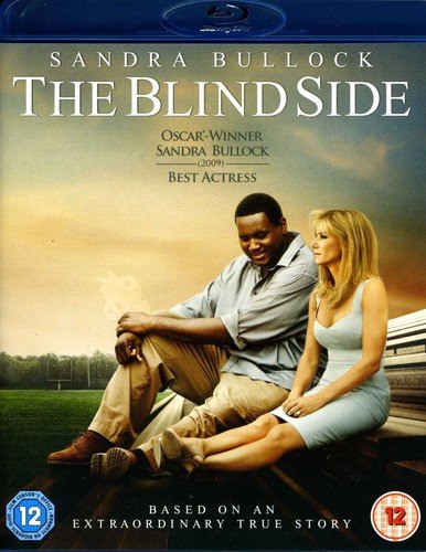 Blu-ray cover for The Blind Side featuring Sandra Bullock and Quinton Aaron sitting together.