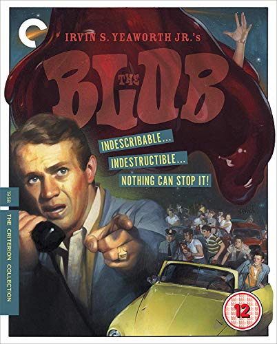 Movie poster for "The Blob" featuring a man pointing at a large, red amoeba.
