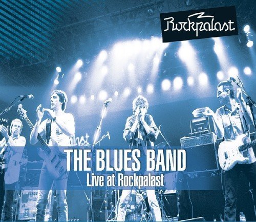 "Blue-tinted vinyl album cover featuring The Blues Band performing live on stage."