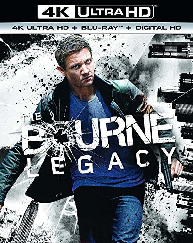 "The Bourne Legacy" Blu-ray cover featuring a man holding guns, cityscape in background.