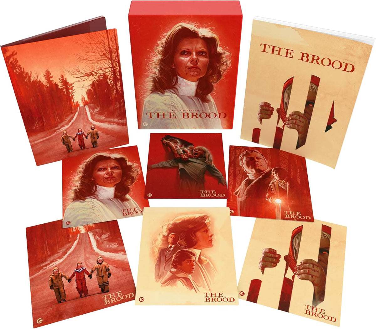 The Brood Blu-ray box set with illustrated cases, booklets, and art cards in red.
