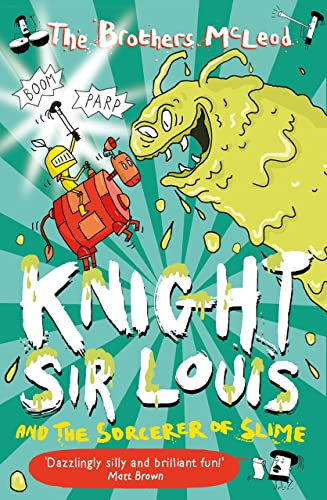 Cartoon knight facing a large, green slime monster with sound effects.