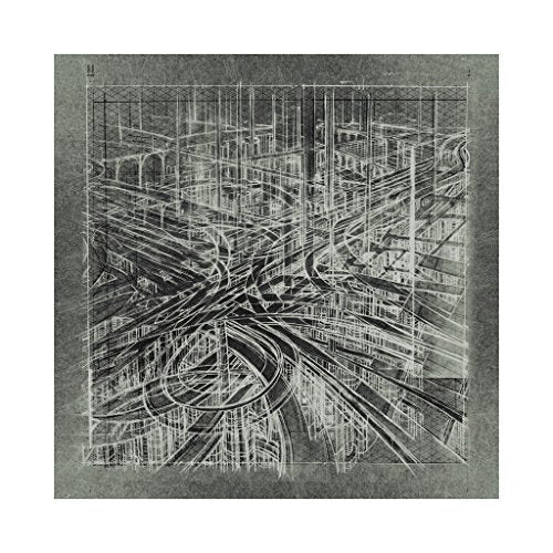 Abstract grayscale sketch of a complex, futuristic cityscape.