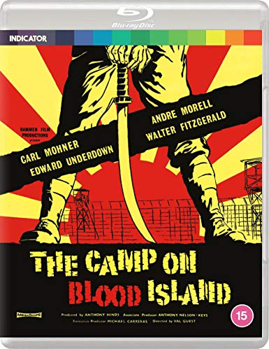 Blu-ray cover for "The Camp On Blood Island" featuring a man with a sword.