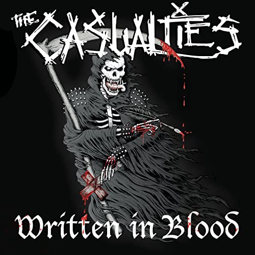 A skeleton in a hooded cloak holding a scythe and quill, with blood splatter.