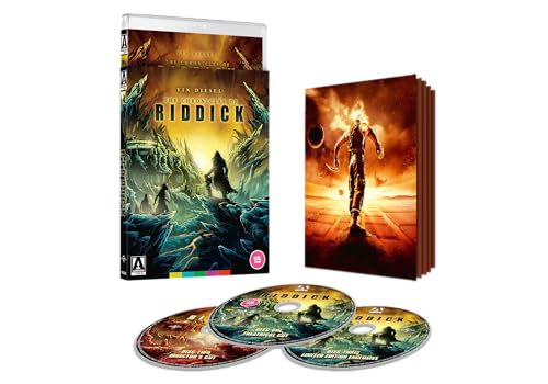 The Chronicles of Riddick Blu-ray case, booklet, and three discs on white background.