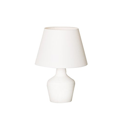 White ceramic table lamp with a flared, opaque lampshade.