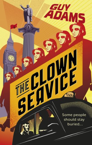 Book cover with figures in helmets, London landmarks, and a taxi.
