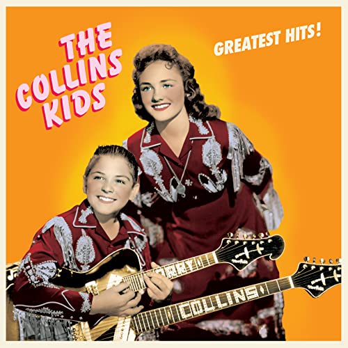 Two young musicians with guitars on a bright orange album cover.