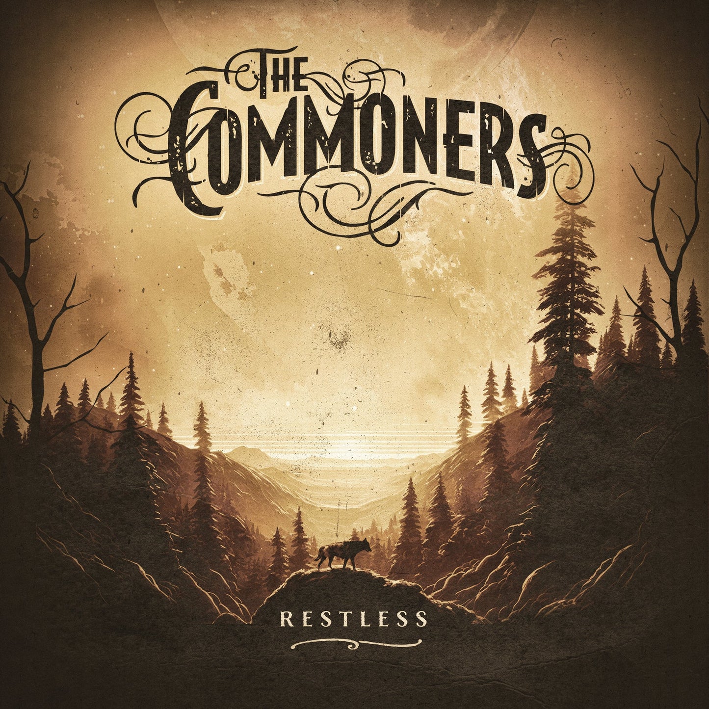 Album cover for The Commoners’ “Restless” featuring a forest landscape.