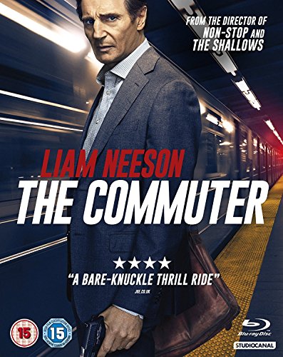 "Blu-ray cover of 'The Commuter' featuring Liam Neeson on a subway platform."