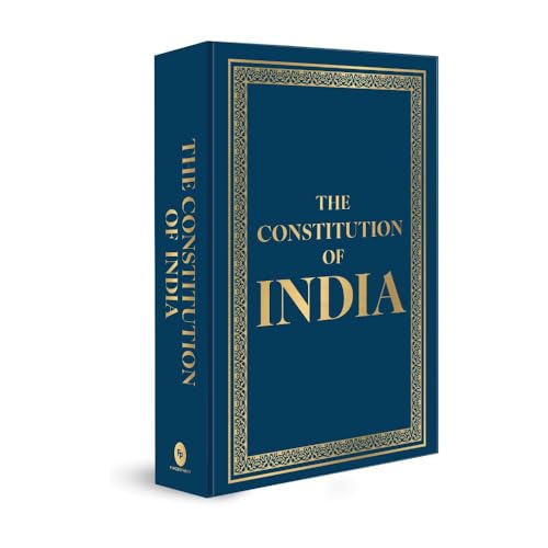 Dark blue book titled "The Constitution of India" with gold lettering.