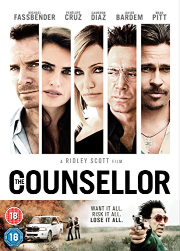 DVD cover for "The Counsellor" with actor headshots and action scene.