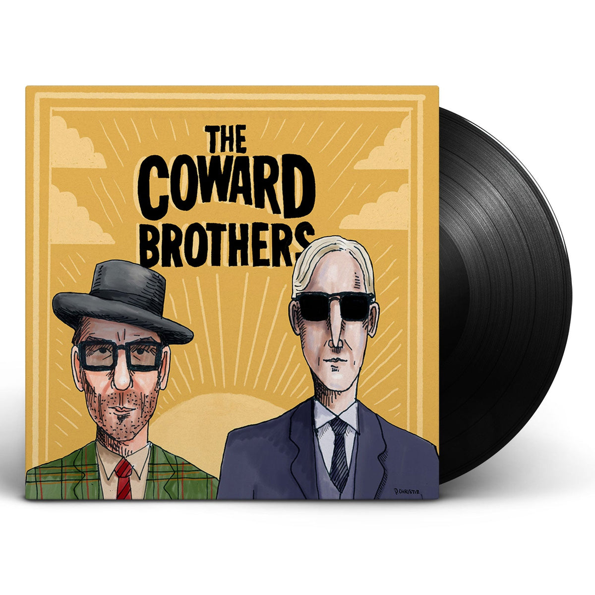 Vinyl record cover featuring illustrated portraits of two men in hats.