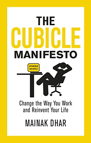Book cover: "The Cubicle Manifesto" with a silhouette of a relaxed worker.