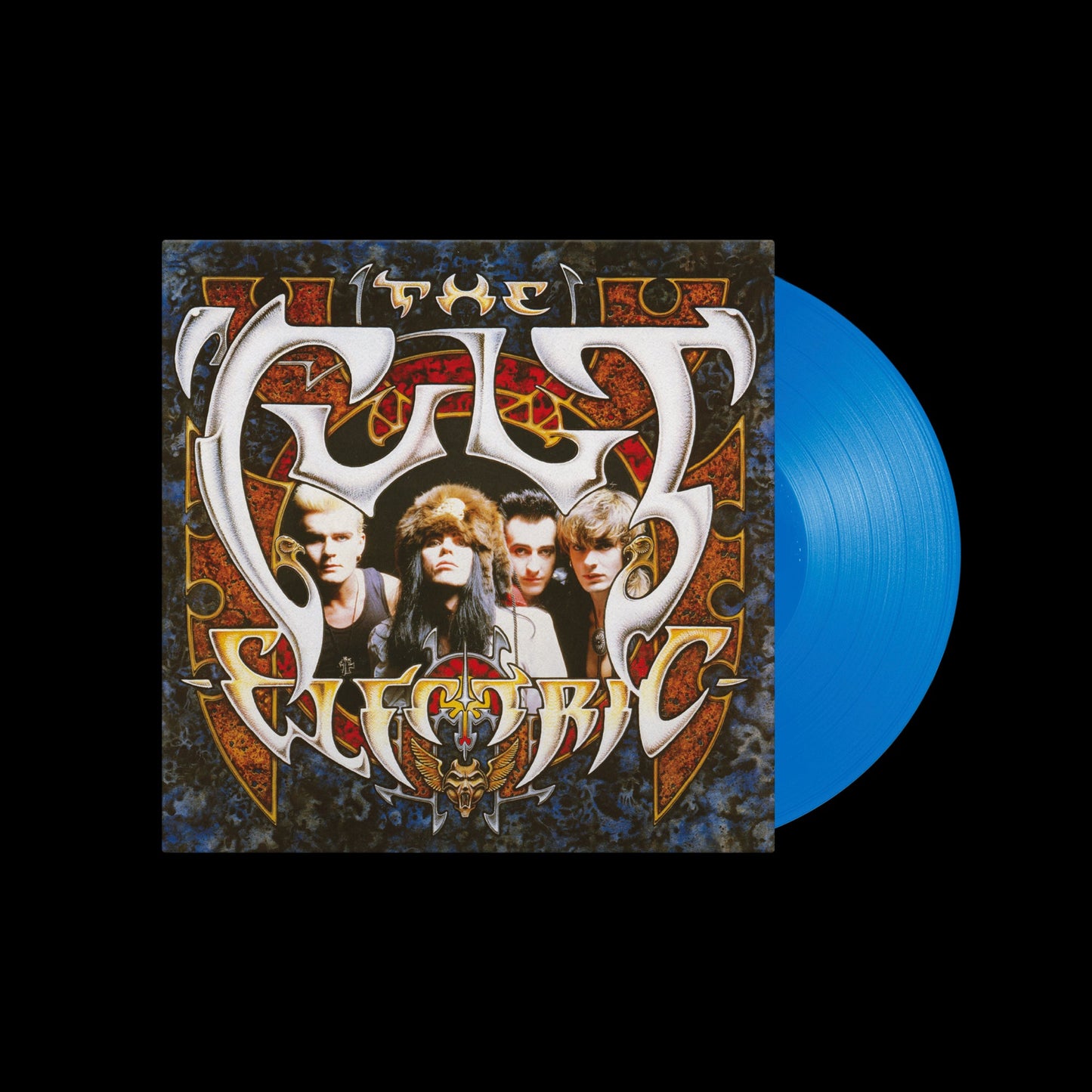 The Cult Electric album cover with a blue vinyl record disc on the right.