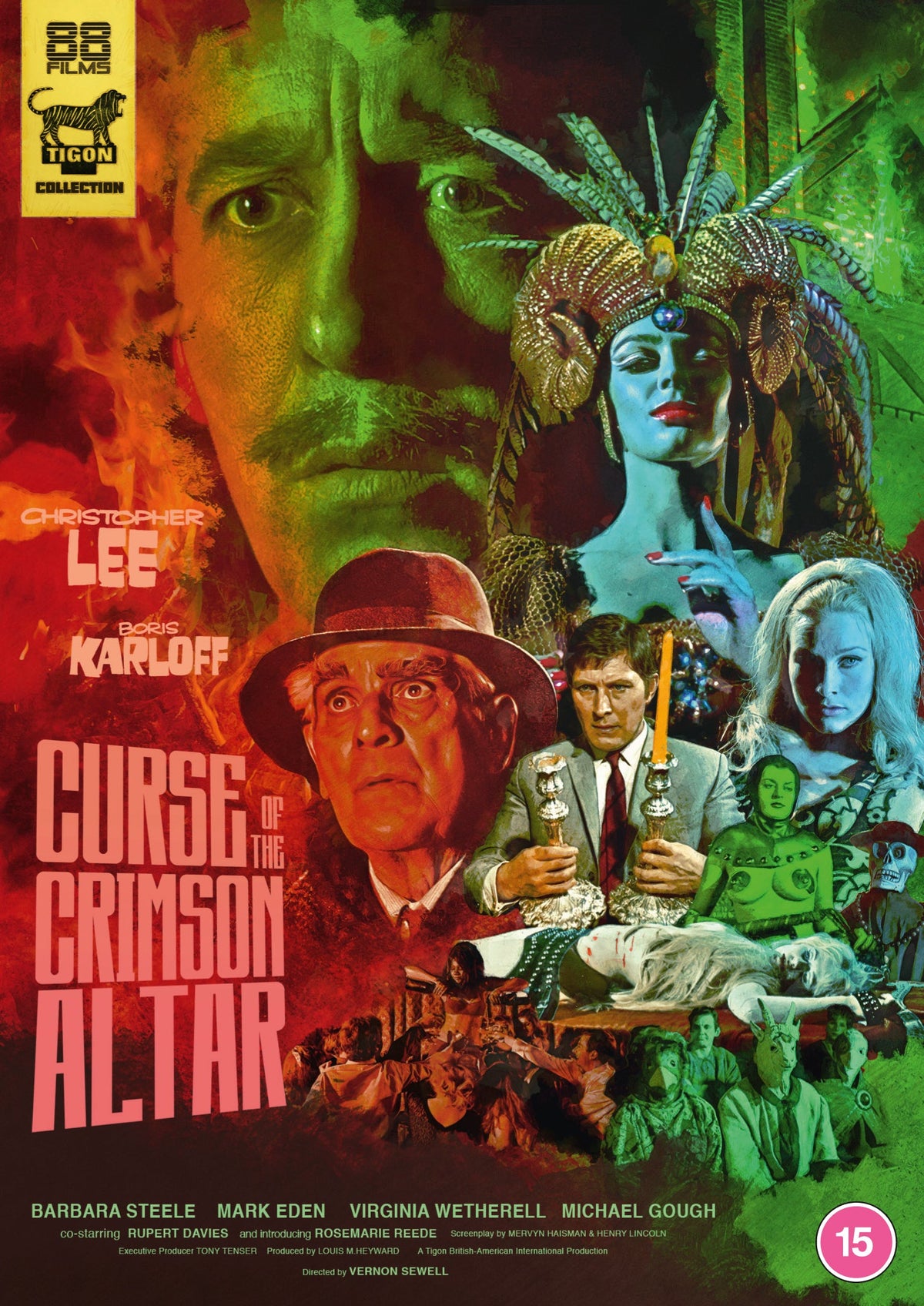 DVD cover for "The Curse of the Crimson Altar" featuring actors and a temple.