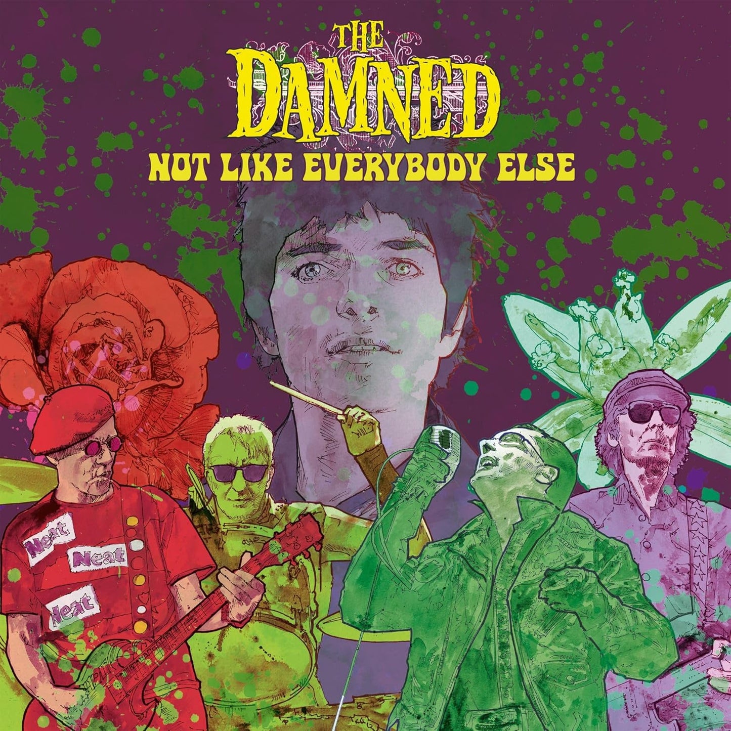 Album cover for The Damned’s “Not Like Everybody Else” with illustrated band members.