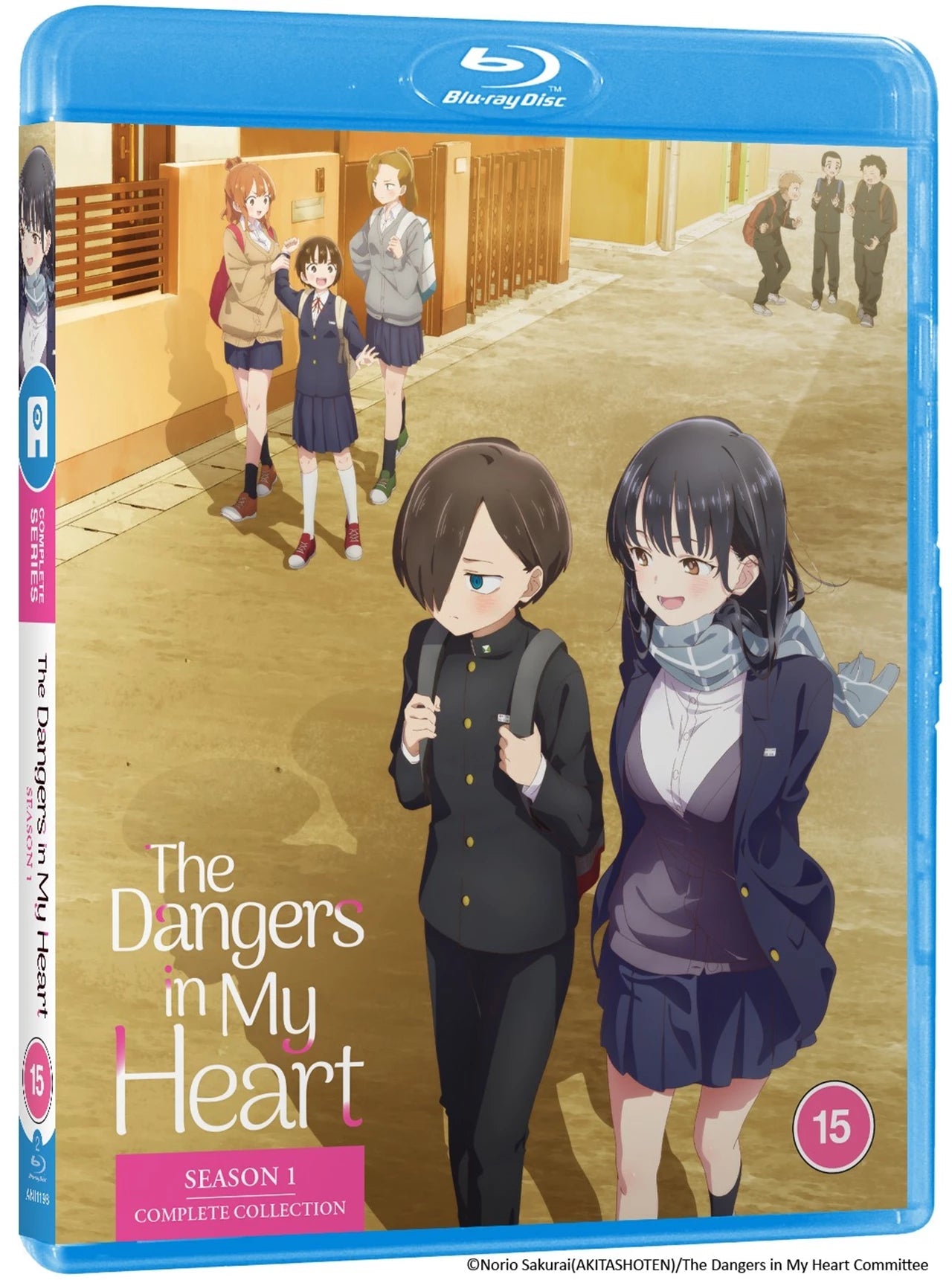 Blu-ray cover for anime “The Dangers in My Heart” Season 1, featuring characters.