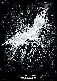 The Dark Knight Rises movie poster with a shattered Batman logo.