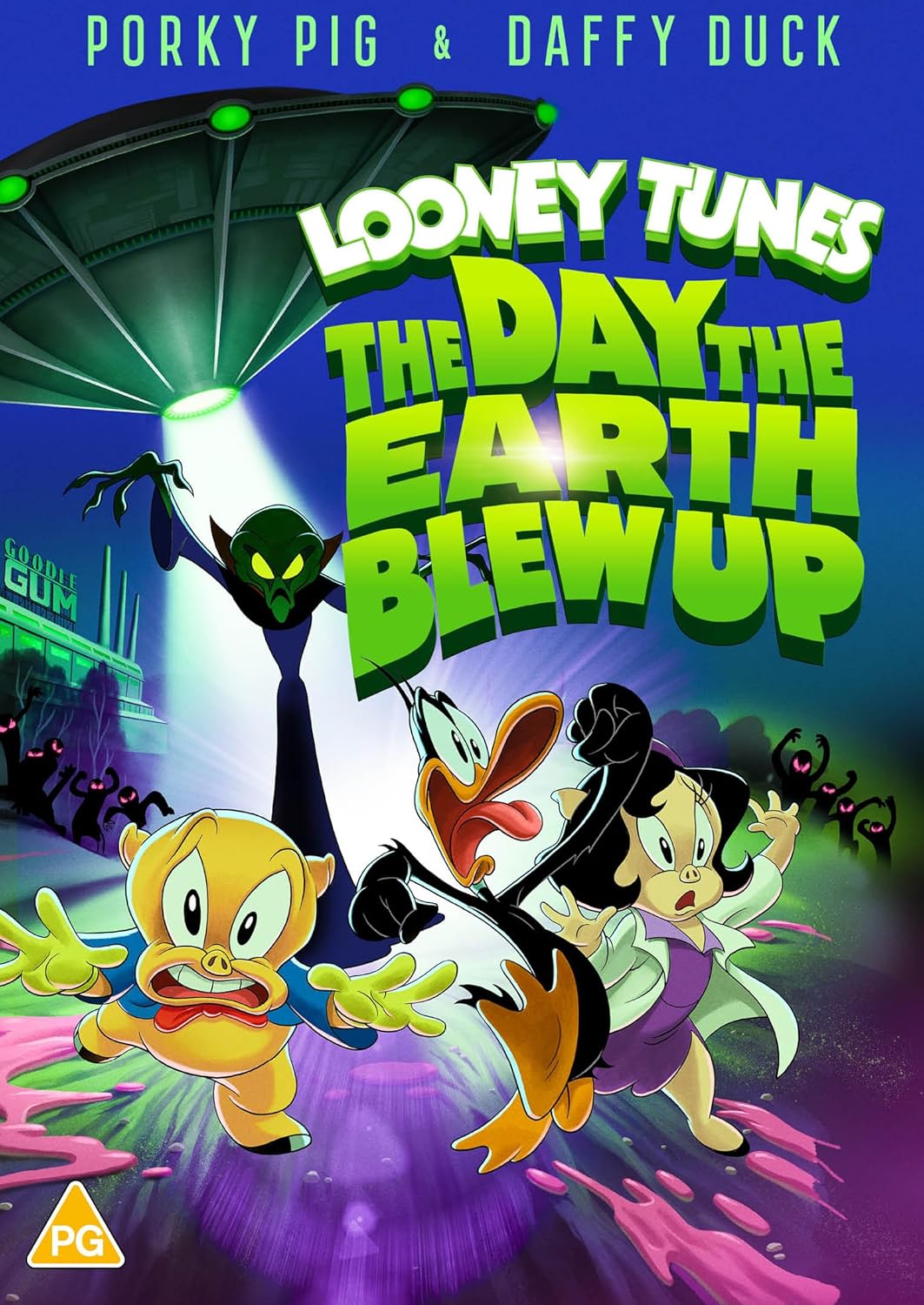 Porky Pig and Daffy Duck run from a UFO and aliens on a movie poster.