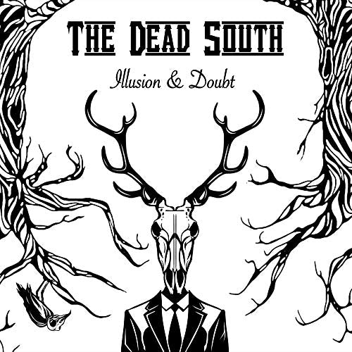 Black and white illustration of a deer skull in a suit between two trees.