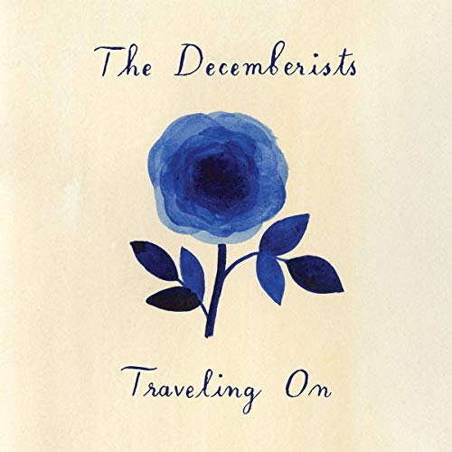 Travelling On" album cover by The Decemberists, featuring a blue rose.