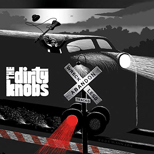 Black and white album cover for The Dirty Knobs' "Wreckless Abandon" with a car crash scene.