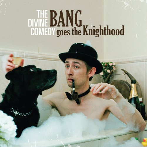 Album cover: man and dog in a bubbly bathtub, with champagne.