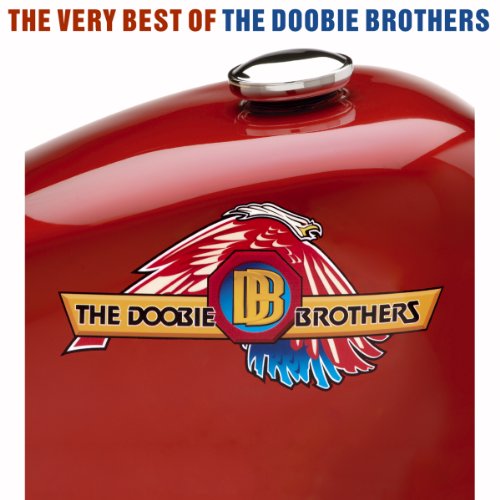 The image depicts a red, metallic object with a logo and text. The object is likely a gas tank, featuring a prominent logo that reads "THE DOOBIE BROTHERS" in bold letters. The logo is accompanied by an illustration of an eagle's head and wings, with the letters "DB" in the center. The text at the top of the image states, "THE VERY BEST OF THE DOOBIE BROTHERS." Alt text: Red gas tank with "The Do