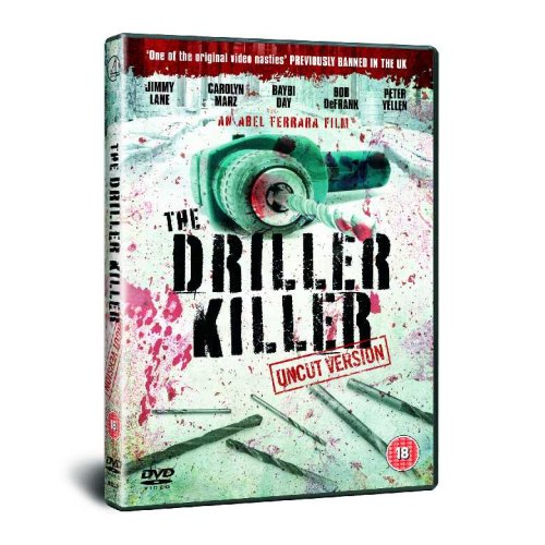 DVD cover for The Driller Killer featuring a power drill and scattered drill bits.