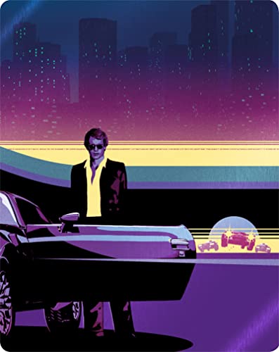 Ryan Gosling as a driver with a car, neon city backdrop.