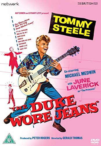 DVD cover for "The Duke Wore Jeans" featuring Tommy Steele playing a guitar.
