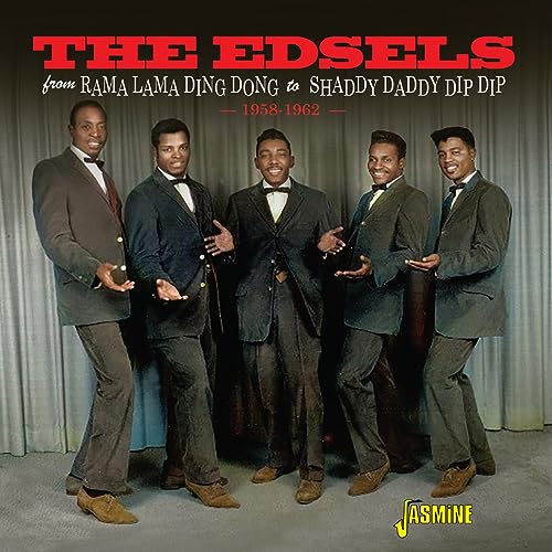 The Edsels, a five-member vocal group, in matching suits, posing for a CD cover.