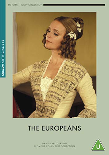 A woman in a period dress and floral hair accessories on The Europeans DVD cover.