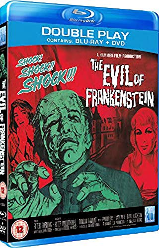 Blu-ray cover art for The Evil of Frankenstein featuring a green monster and women.
