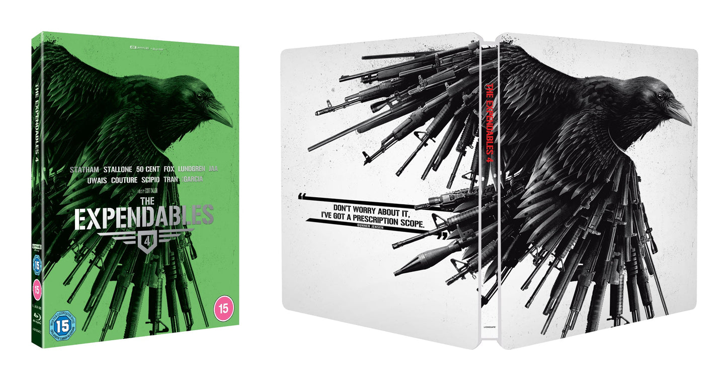 SteelBook case for "The Expend4bles" featuring a raven and weaponry.