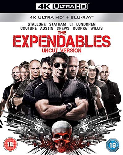 The Expendables Blu-ray cover featuring Sylvester Stallone and action cast.