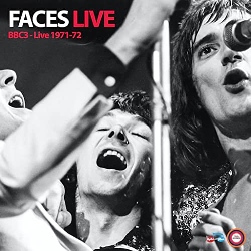 Black and white photo of The Faces performing live with text overlay Faces Live.