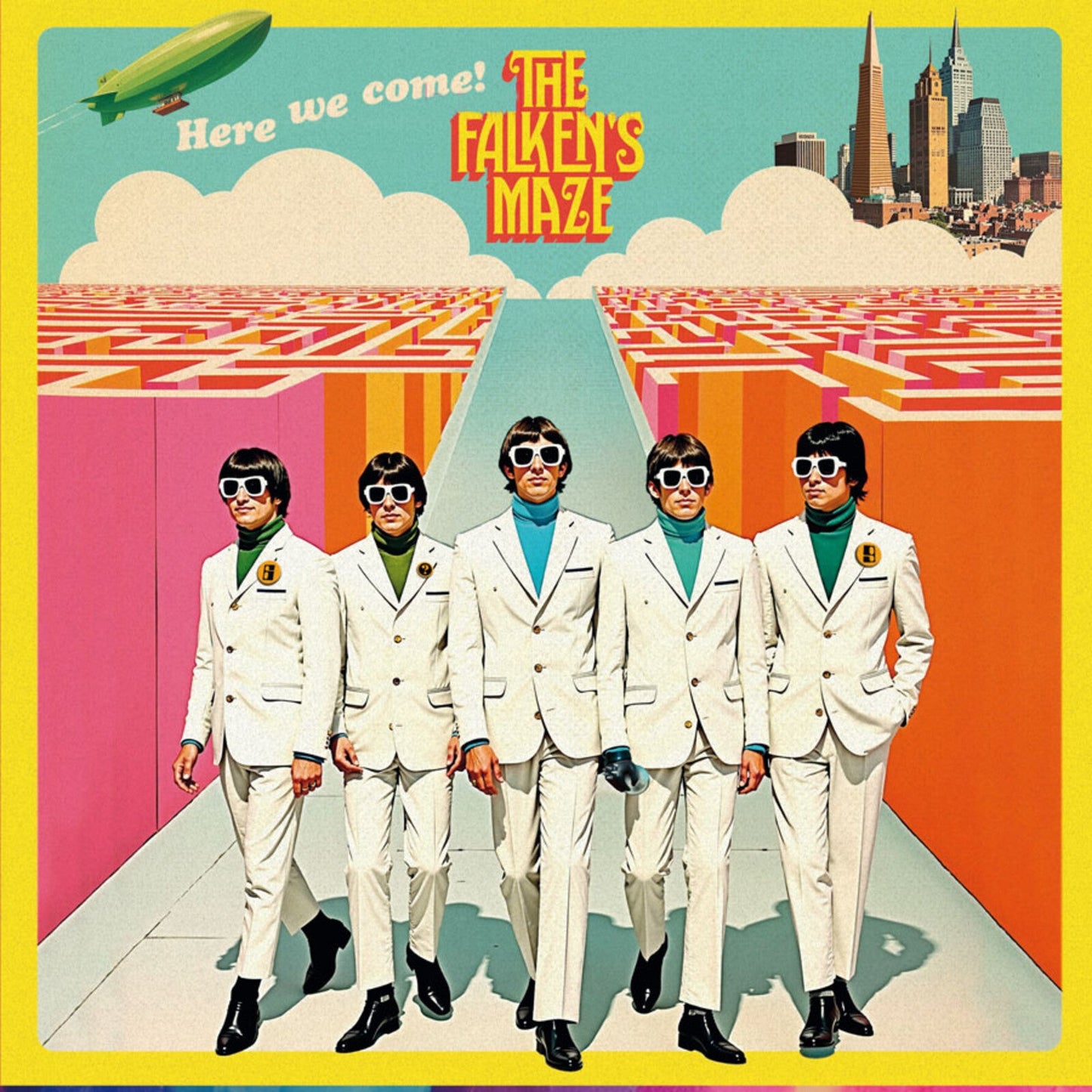 Album cover featuring four suited figures walking toward a city skyline.