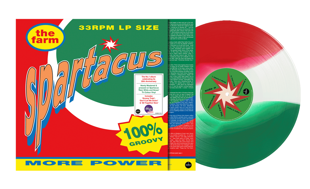 Tri-color vinyl LP for The Farm’s “Spartacus” album, with cover art.
