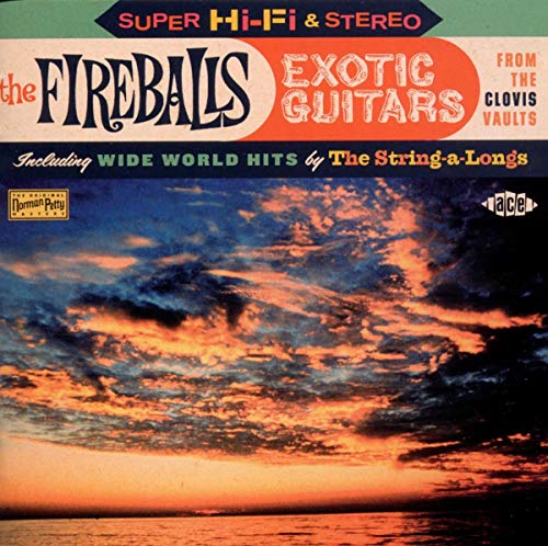 CD cover for The Fireballs’ “Exotic Guitars” with a sunset image.