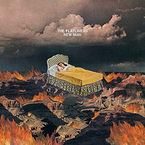 Album cover: bed on fire, stormy sky, surreal landscape.