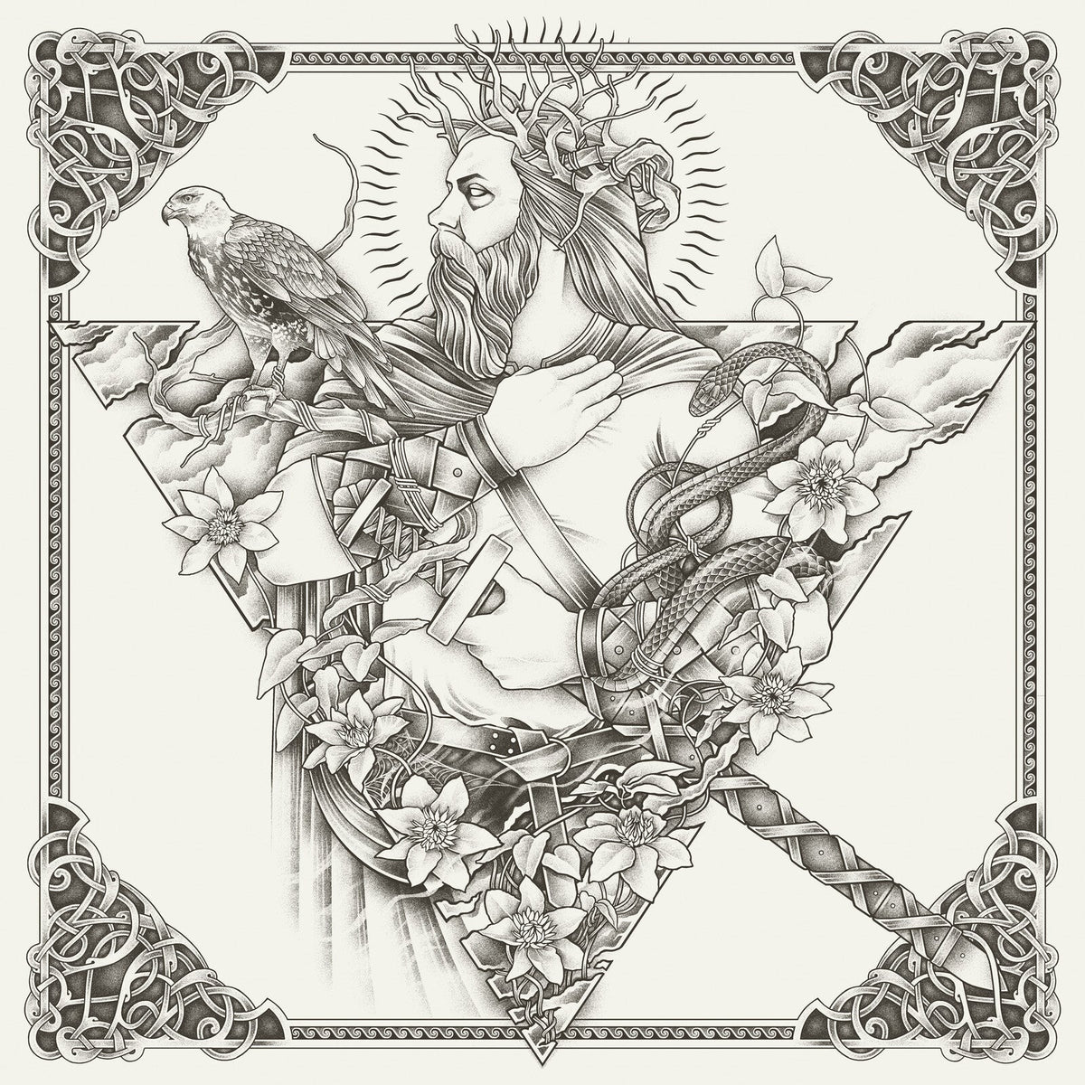 Detailed pen and ink illustration of a bearded figure with a hawk and snake.