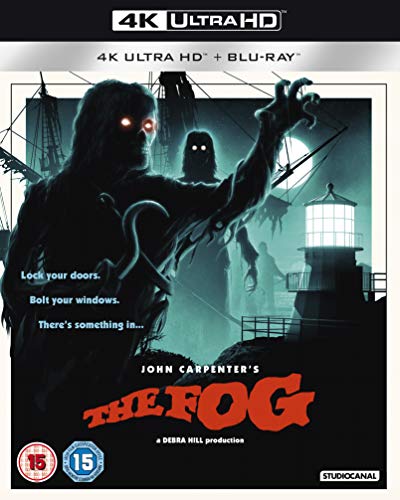 “The Fog” UHD Blu-ray cover with a ghostly figure and foggy coastal scene.